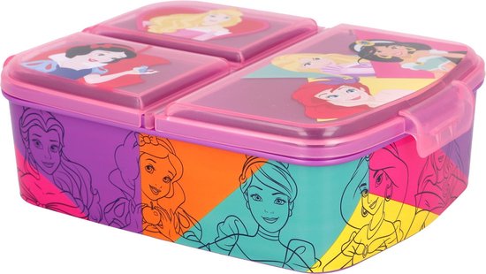 Boîte à lunch rose à 3 compartiments. Couvercle avec princesses Disney. Côtés avec des dessins au trait de princesses dans des blocs colorés.