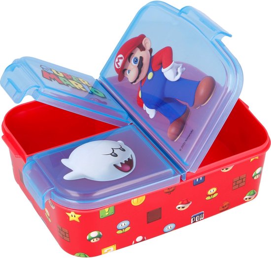 Rode broodtrommel met Super Mario en Boo op de deksels. De zijkanten hebben patronen van paddenstoelen, sterren en blokken.