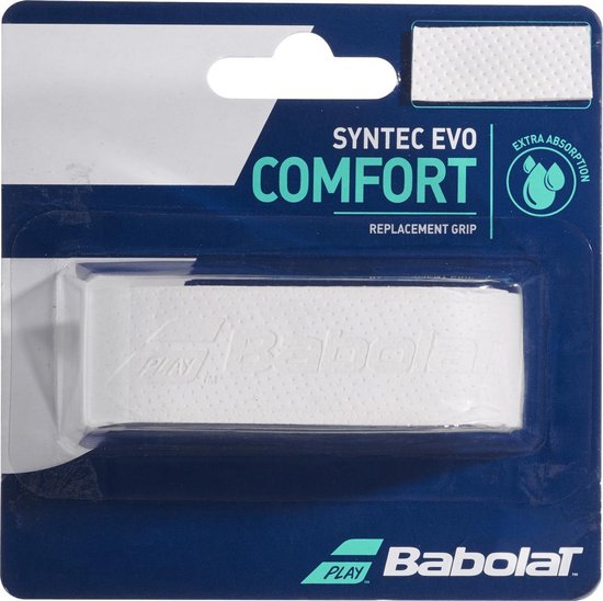Verpakking van een witte Babolat Syntec Evo Comfort vervangingsgrip met 'Extra Absorption' pictogram.