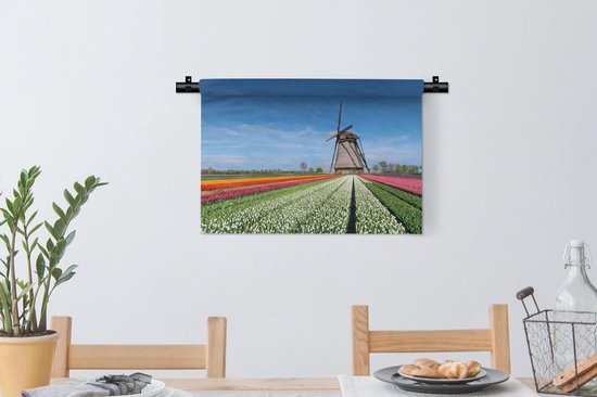 Tenture murale Paysages Nederland - Moulin à vent entre les tulipes aux Nederland Tapisserie coton 60x40 cm - Tapisserie murale avec photo