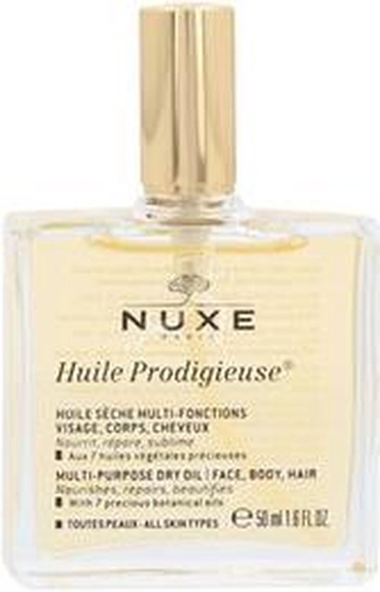 Nuxe Huile Prodigieuse multi-purpose dry oil in een glazen fles met gouden dop. 50 ml.