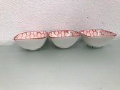 Amuseschaaltjes - drie stuks - wit met rood - 10cm breed en 4 cm hoog