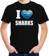 I love sharks t-shirt met dieren foto van een haai zwart voor kinderen - cadeau shirt haaien liefhebber L (146-152)