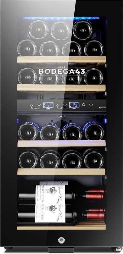 BODEGA43-22 Luxe Vrijstaande Wijnklimaatkast - 2 Zones, 22 Flessen, Compressor, 7 Houten Lades, LED