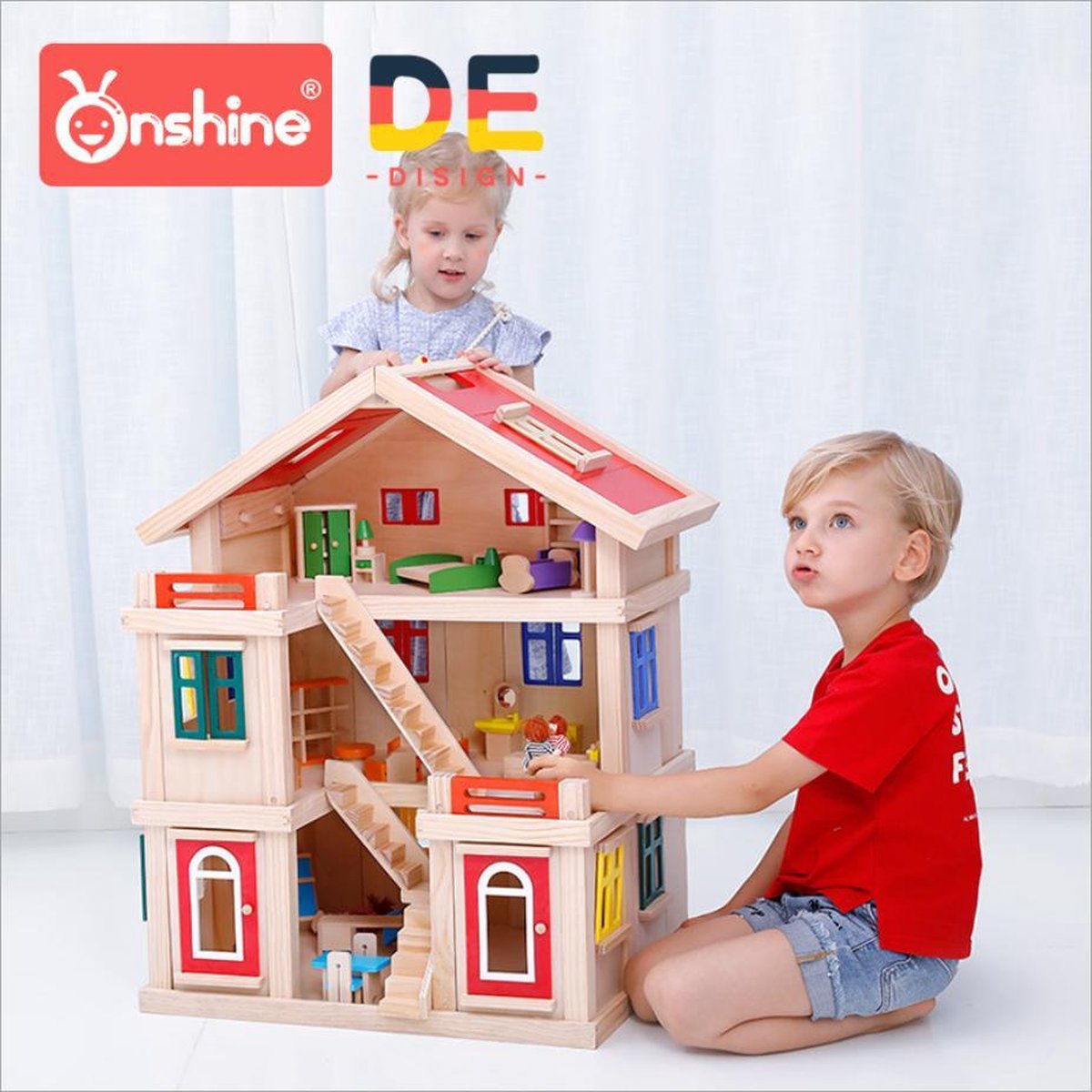 Onshine - Houten poppenhuis met 3 verdiepingen. Inclusief poppen,  meubeltjes, zoals... | bol.com
