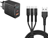 DrPhone HALOMX1 - 18W Snellader + 3 in 1 Oplaadkabel - USB-C + Lightning Apple + Micro USB - Zwart