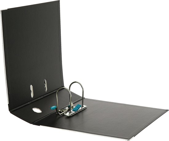 Open zwarte Elba ordner met metalen ringen en een blauw accent.