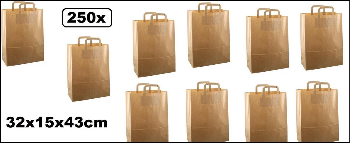 250x Papieren tas 32x15x43cm bruin kraft met platte handgreep - tas papier draagtas food tas