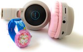 ZaciaToys Bluetooth Draadloze On-Ear Koptelefoon voor Kinderen GrijsRoze Incl. educatief kinderhorloge - Kattenoortjes - Kinder Hoofdtelefoon - Draadloos Headphone - Handsfree - Ge