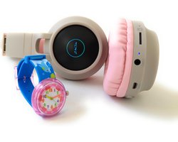 ZaciaToys Bluetooth Draadloze On-Ear Koptelefoon voor Kinderen GrijsRoze Incl. educatief kinderhorloge - Kattenoortjes - Kinder Hoofdtelefoon - Draadloos Headphone - Handsfree - Gehoorbescherming - Schakelbare LED-verlichting
