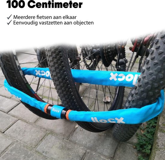 Blauw kettingslot met oranje accenten en "Ilocx" logo's, om twee fietswielen gebonden.