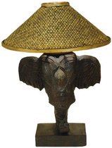 Landelijke houten olifant tafellamp "Mulka" Lumbuck - Dierenlamp bruin hout olifantenlamp met gevlochten lampenkap