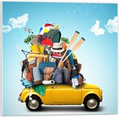 Forex - Gele Auto met Vakantieartikelen - 50x50cm Foto op Forex