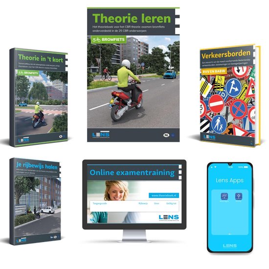 Boek cover Scooter Theorie Boek 2022 Compleet pakket - Brommer Rijbewijs AM  - Met Theorieboek, Online, Samenvatting en meer - Lens Media van Lens Verkeersleermiddelen (Voordeeleditie)
