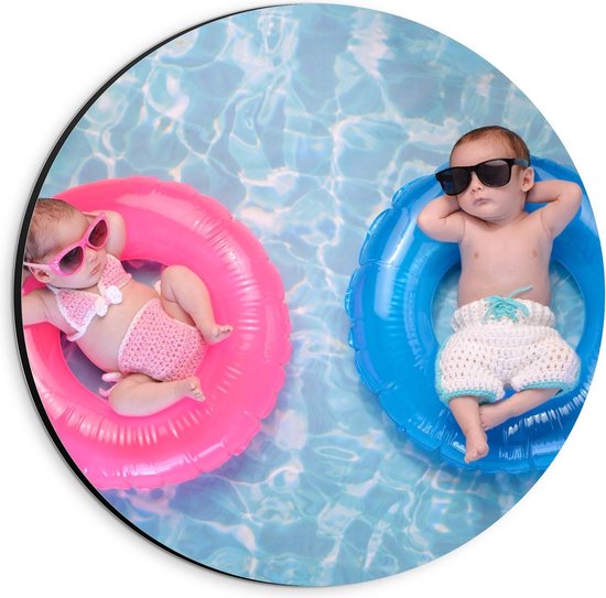 Dibond Wandcirkel - Baby's in het Zwembad op Banden - 20x20cm Foto op Aluminium Wandcirkel (met ophangsysteem)