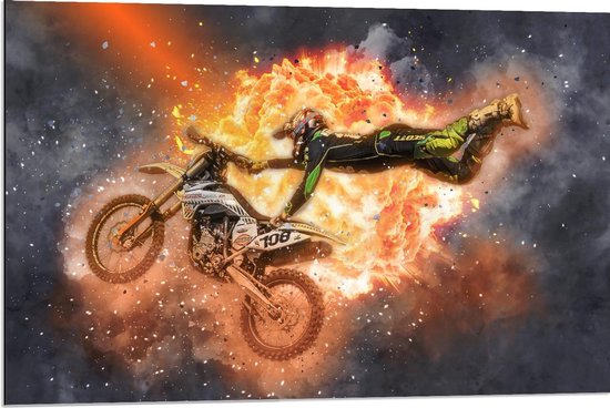 Dibond - Tekening Motorcross - 90x60cm Foto op Aluminium (Wanddecoratie van metaal)