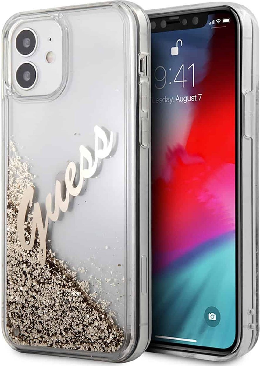 GUESS Liquid Glitter Vintage Backcase Hoesje Geschikt Voor iPhone 12 Mini - Goud
