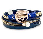 Armband Dames Rosegoud- Leren Wikkelarmband Galeara design Rosekleurig met blauw Dames Levensboom 19,5cm - Galeara design