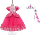 Prinsessenjurk meisje - Roze - Verkleedjurk - maat 104/110 (110) + Kroon - Toverstaf - Verjaardag - Kleed - Cadeau - Speelgoed