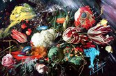 JJ-Art – Canvas 90x60 | Bloemen boeket, abstract in olieverf look - woonkamer | modern, geel, rood, blauw, groen | Foto-Schilderij print op Canvas (canvas wanddecoratie) | KIES JE