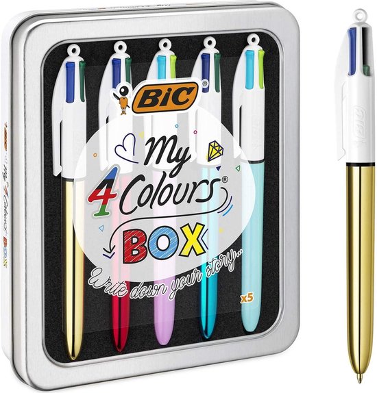BIC Mijn 4 Kleuren Box - Balpennen met Kliksysteem en Medium Punt (1.0 mm) - Metalen Geschenkdoos 5 Stuks