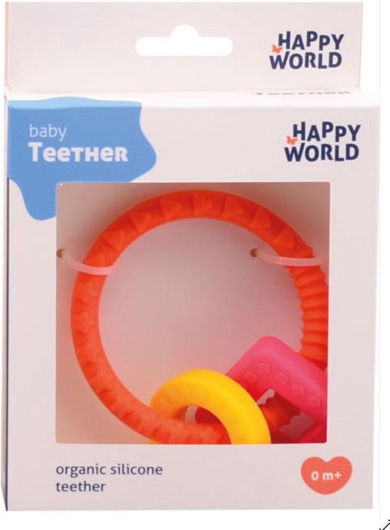 Happy world 11 Cm oranje/roze/geel - bijtsleutels - bijtspeeltje - siliconen bijtring