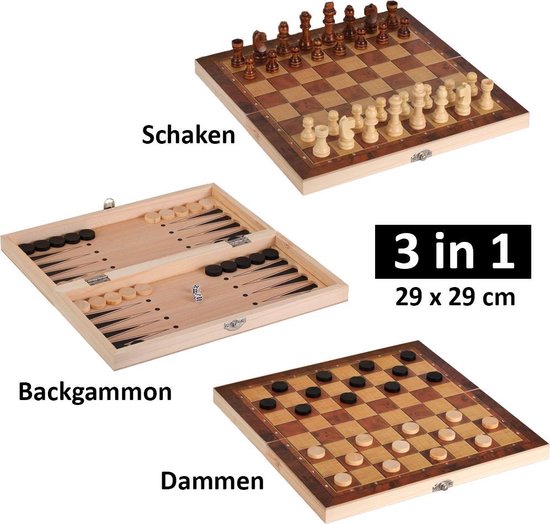 Afbeelding van het spel 3 in 1 Schaakset, Dambord en Backgammon – Schaakspel inclusief schaakstukken en stenen - Opklapbaar Schaakbord - Schaken - Dammen - 29 x 29 cm