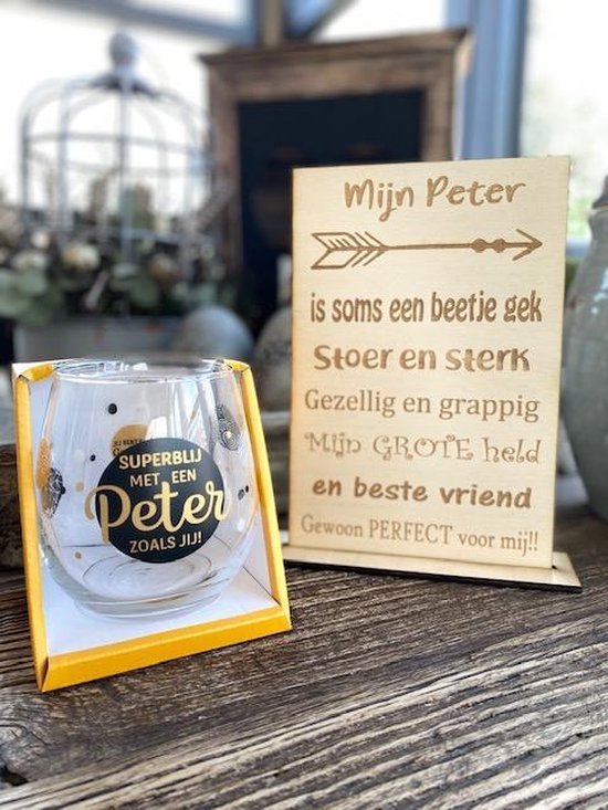 Cadeaupakket Mijn Peter + waterwijnglas zwart -  Superblij met een Peter zoals jij! oom - verjaardag - peetoom - cadeau - cadeautje