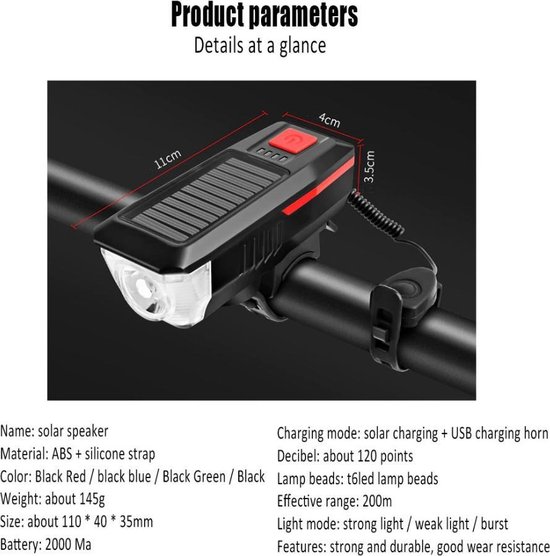 BikerVibes - Fietsverlichting USB Oplaadbaar - Voorlamp Fiets - Zaklamp - Solar - Voorlicht - LED - Waterdicht - Fietslampje - 250 Lumen - Zwart/rood — afbeelding 3