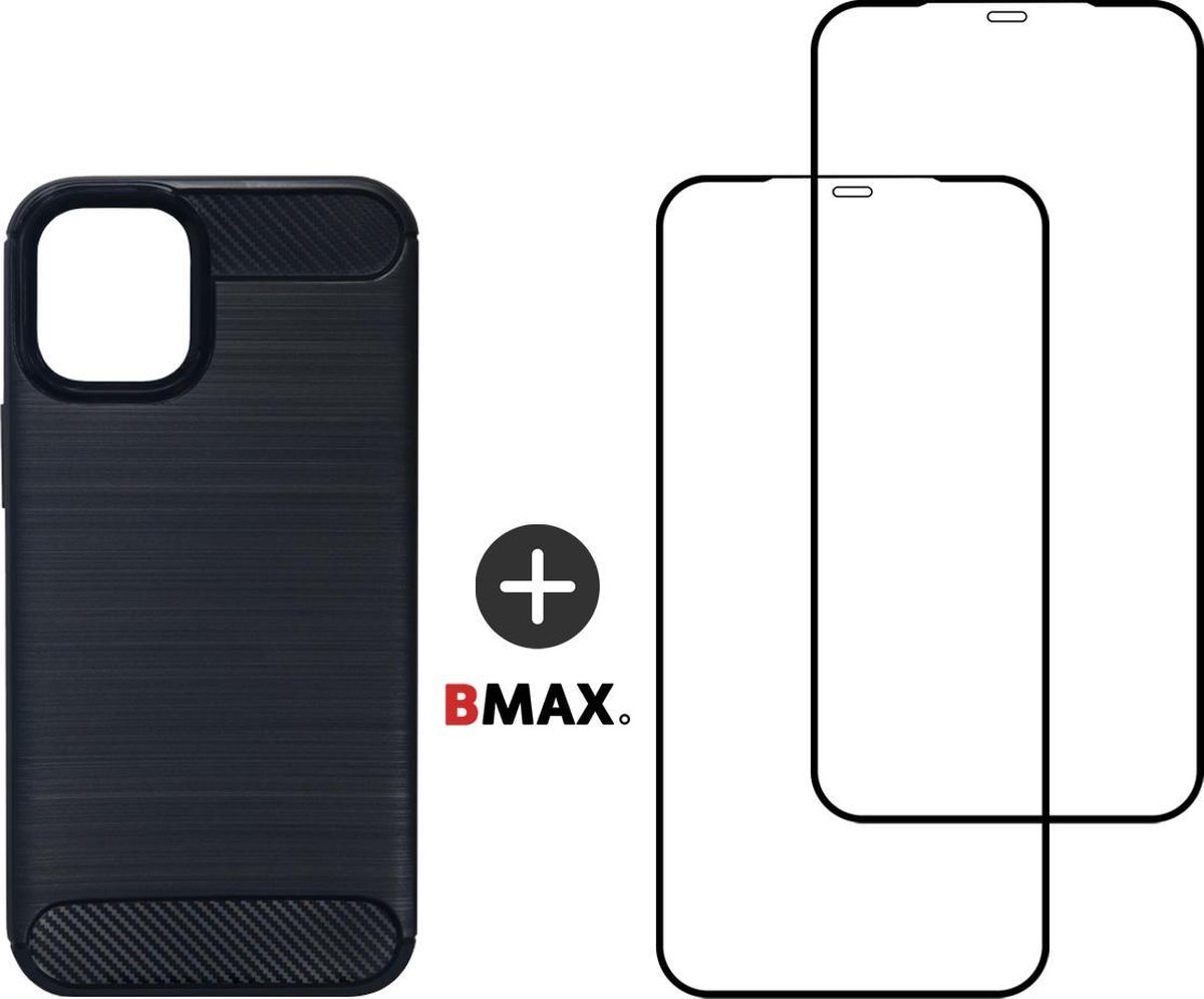 BMAX Telefoonhoesje geschikt voor iPhone 12 Pro - Carbon softcase hoesje zwart - Met 2 screenprotectors full cover