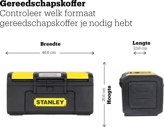 Afmetingen van de Stanley gereedschapskoffer: 48,6 cm breed en 26,6 cm hoog.