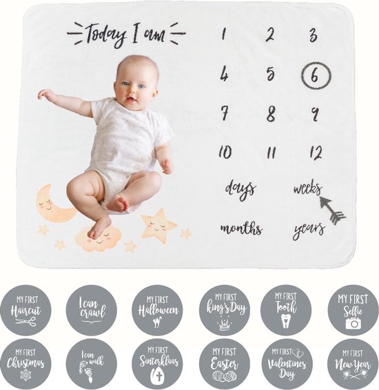 Product: Allerion Baby Mijlpaal Deken - Fleece - 100cm x 120cm - Kraamcadeau - Inclusief 2 indicatoren en 12 romper-stickers - Milestone Blanket, van het merk Allerion®
