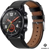 Leer Smartwatch bandje - Geschikt voor  Huawei Watch GT / GT 2 bandje leer - strak zwart - 42mm - Strap-it Horlogeband / Polsband / Armband