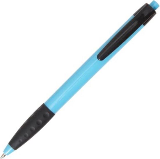 Lichtblauwe balpen met zwarte grip en clip.