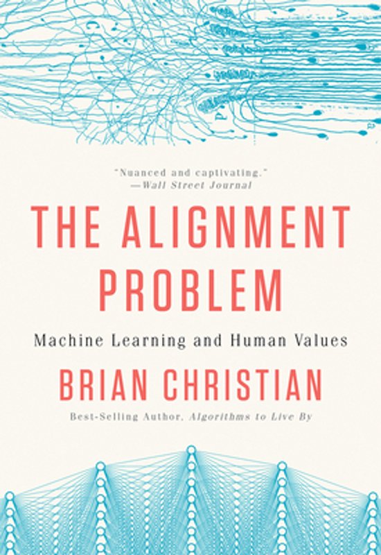 Boek met de titel 'The Alignment Problem'. Lichte achtergrond met blauwe lijnen en cirkels bovenaan en onderaan. Titel in roze letters.