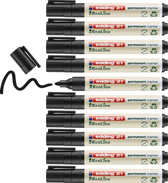 edding 21 EcoLine marqueur permanent - noir - 10 stylos - pointe ronde 1,5-3 mm - sèche vite - résiste à l'eau et à l'essuyage - pour carton, plastique, bois, métal - marqueur universel