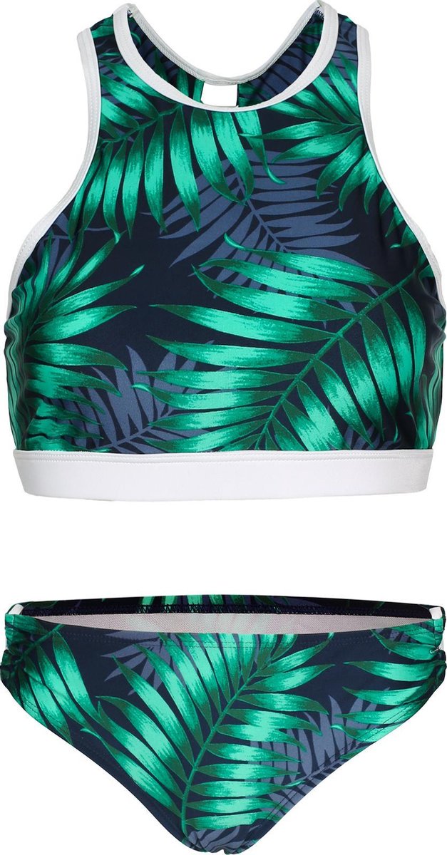 La V Bikini sport met gevlochten detail- Tropical leaf 164-170 Navy- groen