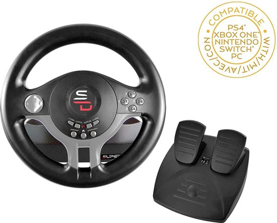 Zwart gaming stuurwiel met pedalen en cirkelvormige tekst: "Compatible with PS4, Xbox One, Nintendo Switch, PC". Merk Superdrive.