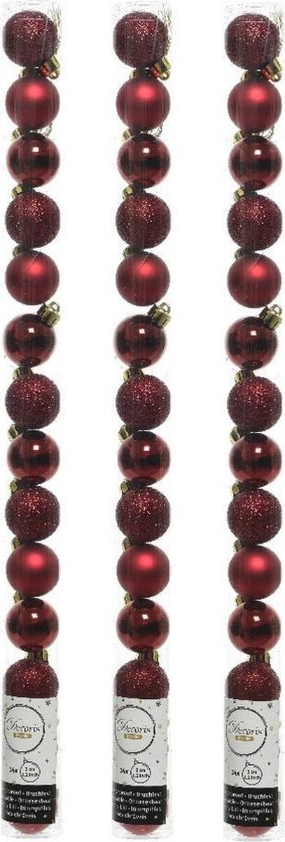 42x stuks kleine kunststof kerstballen donkerrood 3 cm - glans/mat/glitter - Kerstversiering