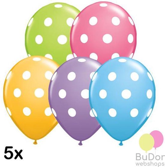 Polka dots (stippen) ballonnen, assorti kleuren, 5 stuks, 30 cm