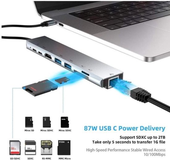 BrightNerd 8 in 1 V2 USB-C adapter - hub - RJ45 - HDMI - USB - SD - Space Grey - BrightNerd