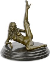 Bronzen beeld - Naakte dame op sokkel - Erotisch sculptuur - 22,4 cm hoog