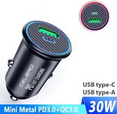 Dual USB QC4.0 Snellader Auto - Aluminium - Type-C en A - Mini Formaat - Led - Metalen Body - QC 4.0 Duo Lader - Quick Charge - Aluminium - Micro - LED - Autolader - Sigarettenaansteker - Laa