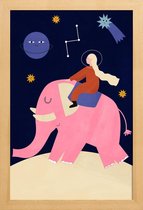 JUNIQE - Poster in houten lijst Elephant Ride -60x90 /Blauw & Roze