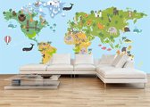 Professioneel Fotobehang kinder wereldkaart met dieren - blauw|groen - Sticky Decoration - fotobehang - decoratie - woonaccesoires - inclusief gratis hobbymesje - 415 cm breed x 280 cm hoog -