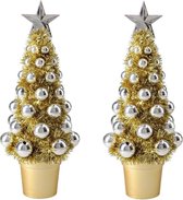 2x stuks complete mini kunst kerstboompje/kunstboompje goud/zilver met kerstballen 30 cm - Kerstbomen - Kerstversiering