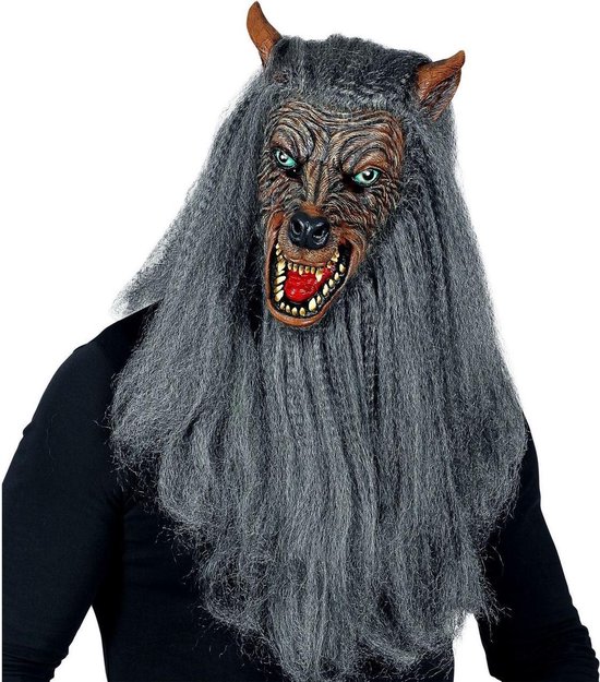 Widmann - Weerwolf Kostuum - Masker Weerwolf Met Lange Wilde Vacht - Grijs - Halloween - Verkleedkleding