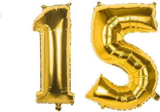 15 Jaar Folie Ballonnen Goud - Happy Birthday - Foil Balloon - Versiering - Verjaardag - Jongen / Meisje - Feest - Inclusief Opblaas Stokje & Clip - XL - 82 cm