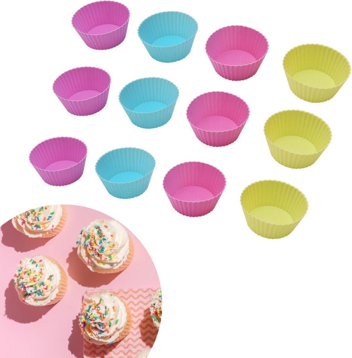 ZijTak - Cupcake - 12 stuks - Vrolijke kleuren - Muffin - Muffinvorm - Cupcakevorm - Silicone - Siliconen - Vaatwasbestendig - Bakken - Taart - Gebak - Vorm - Gratis verzending - Roze Groen Blauw Paars