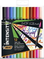 BIC Intensity Twin Marker viltstiften met fijne en groffe penseelpunt- verschillende kleuren - 12 stuks